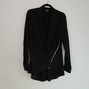 BEBE Black Silk Zipper Accent Top